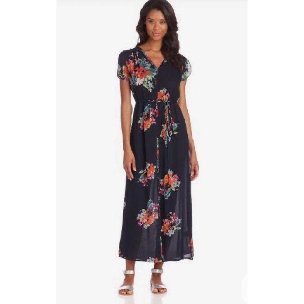 Joie Navy Maxi Dress with Coral & Green Floral Print